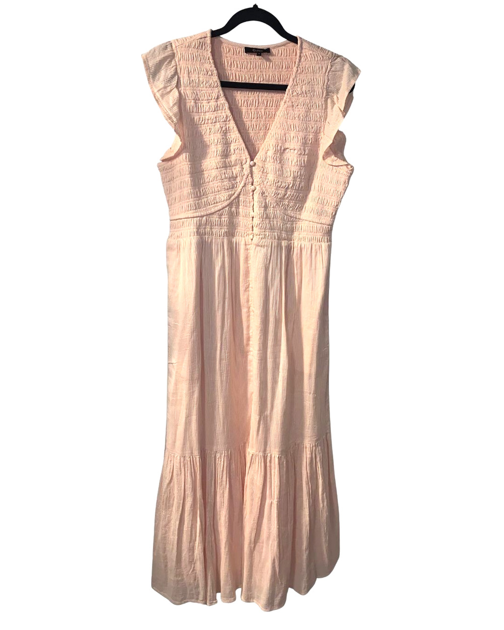 Quince Womens Organic Textured Cotton Smocked V-Neck Midi Dress Size M Pink